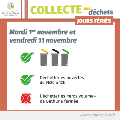 Déchets verts jours jours fériés novembre 2022 Agglomération Béthune-Bruay