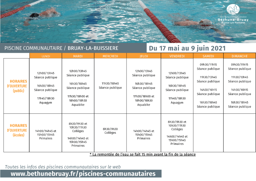 Planning d'ouverture de la piscine de Bruay-La-Buissière
